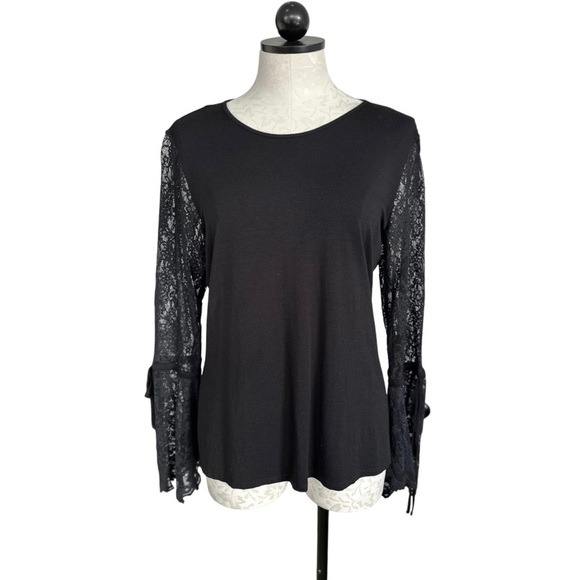 Vince Camuto Black Lace Bell Sleeve Blouse Keyhole Button Back Size Medium - Picture 15 of 16